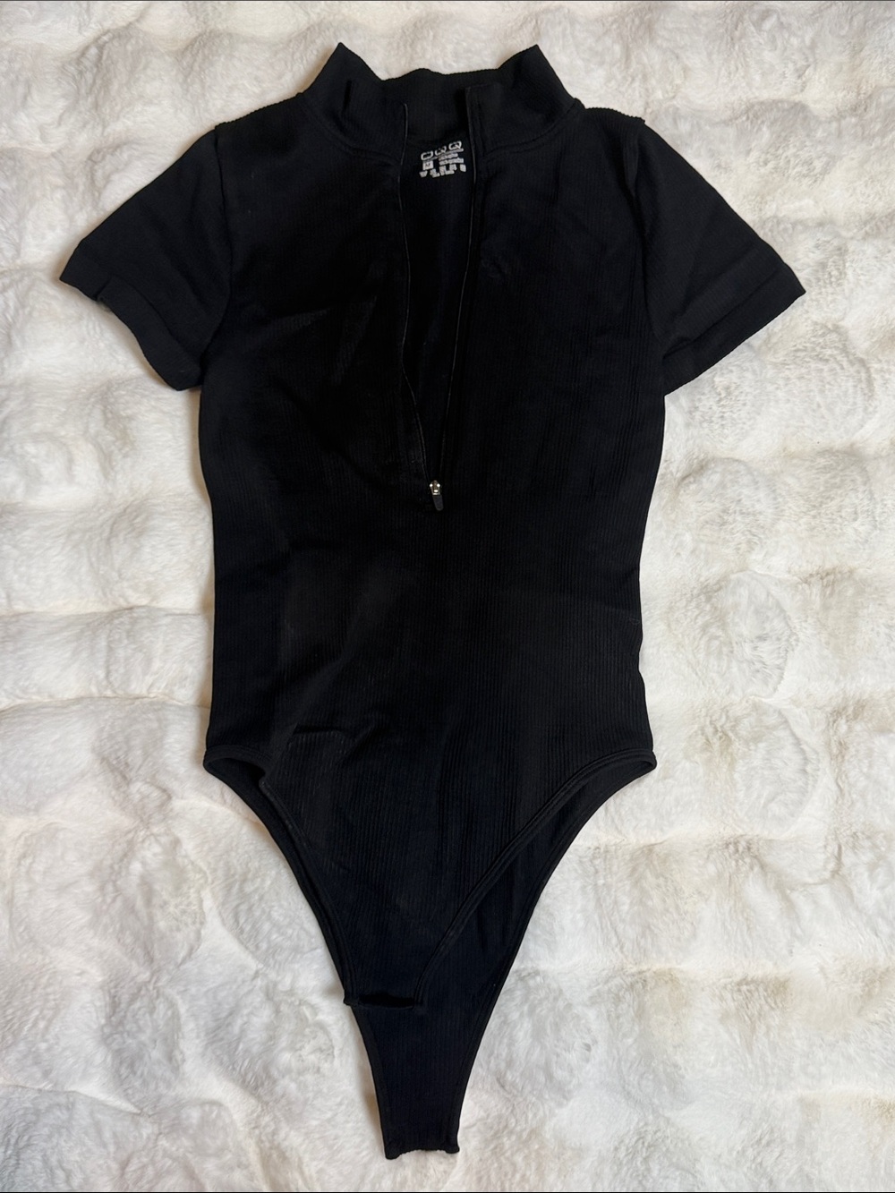 Black Ribbed Short-Sleeve One-Piece Bodysuit
